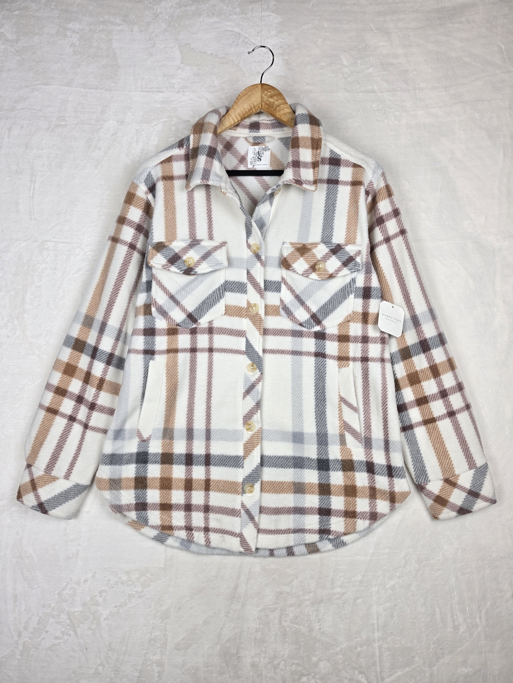 Altar'd State Butter Cream Plaid Fleece Shacket Womens Small NWT J1721PFKAS-23
